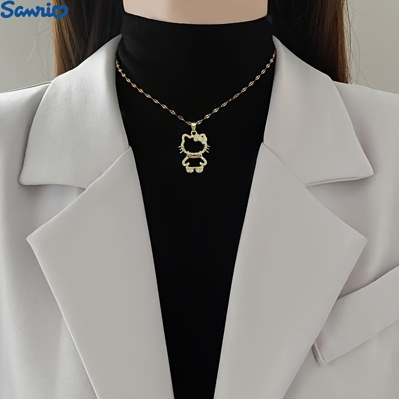 [Dainty Kawaii Cat Lover Gift] 1pc Sanrio Kate Cat Necklace | Stainless Steel Cute Hollow Collar Bone Chain with Black Bead Accent - Minimalist Everyday Jewelry for Women, Dainty Kawaii Cat Lover Gift, Year-Round Wear, Comfor