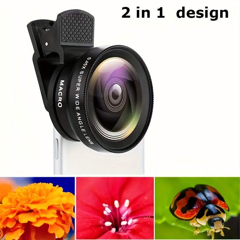 2-in-1 Smartphone Camera Lens Kit - ABS Wide Angle & Macro, PVC Material, Compatible with Most Smartphones, Includes 2 Lens Attachments for Enhanced Photography Experience, Smartphone Camera Lens Kit|Wide Angle Lens| Macro Le