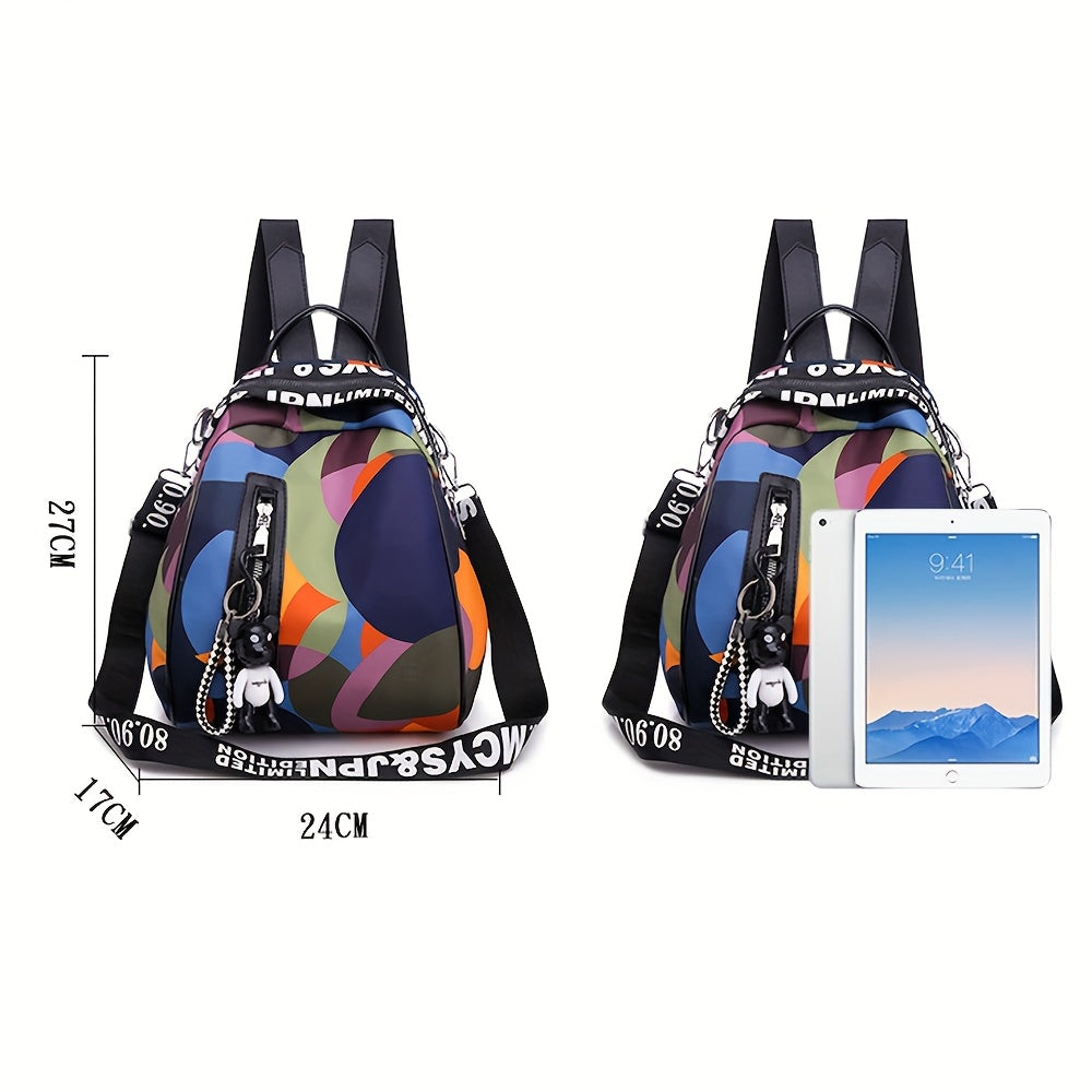 Women's Colorful Geometric Oxford Cloth Backpack - Multifunctional Handbag, Shoulder Bag & Crossbody Purse with Adjustable Straps, Zipper Closure & Bonus Teddy Bear Keychain Accessory, Versatile Travel Purse | Trendy Women's