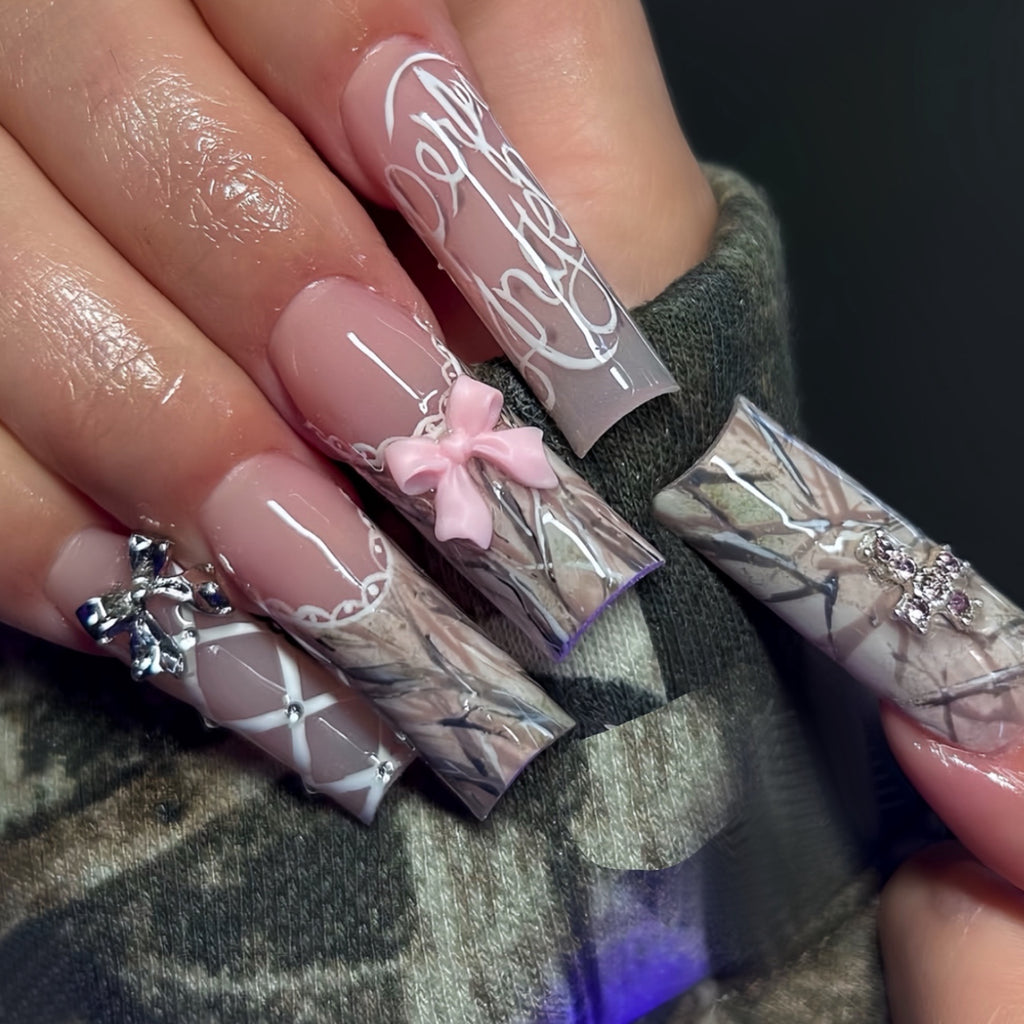 24pcs Long Teardrop Fake Nails Set with Sweet Cool Two-Tone Bow, Romantic Lace Edge Artistic Striped Sparkling Rhinestone Suitable for All Women and s - Includes Nail Files and Jelly Glue for Easy Application