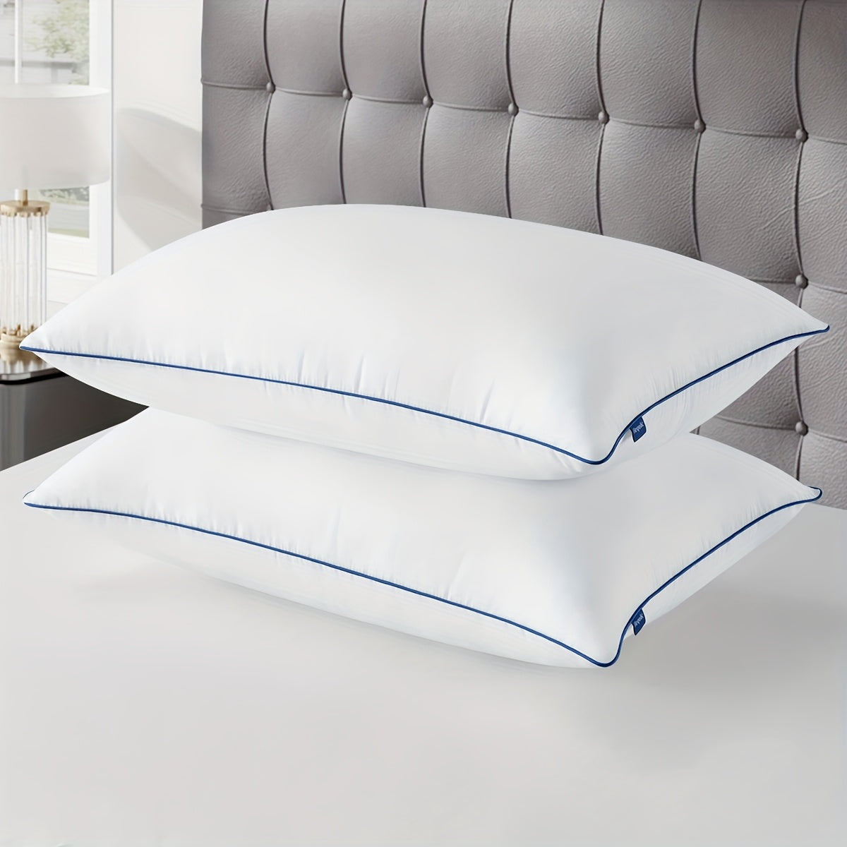 2pcs Premium Cooling Bed Pillows with Adjustable Zipper - Soft Down Alternative Fill for Back, Stomach & Side Sleepers - Hotel Collection - White with Navy Blue Trim, Machine Washable, All-Season Comfort, Side Sleeper Pillow