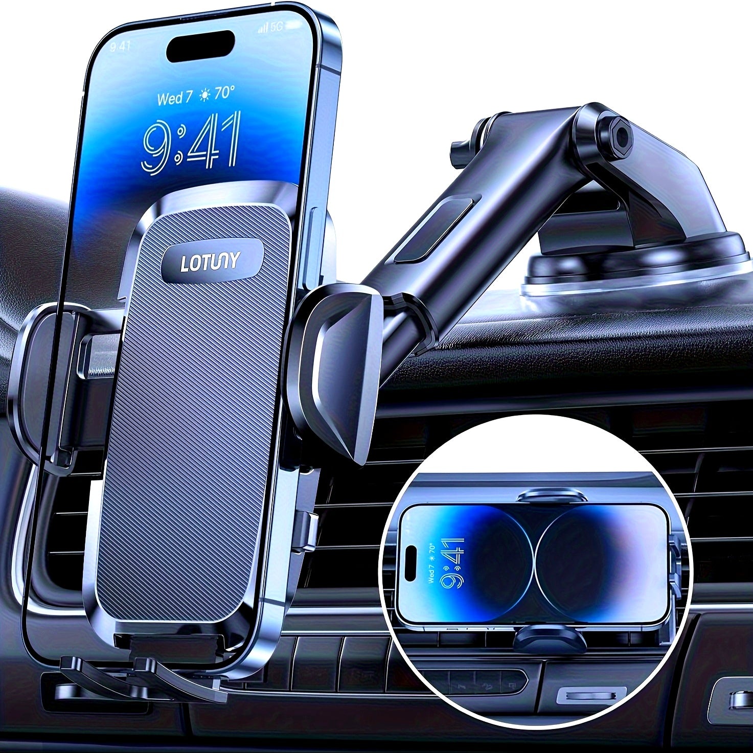 LOTUNY Car Phone Holder, Universal Hands-Free Phone Holders for Your Car, 3-in-1 Phone Mount for CarAir Vent Compatible with for iphone for samsung Google and All 4" to 7, 2" Phones