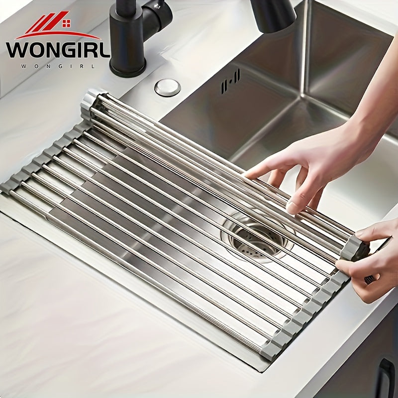 1pc Deluxe Roll-Up Stainless Steel Dish Drying Rack - Space-Saving Over-The-Sink Design, Portable & Anti-Rust, Easy to Clean Kitchen Sink Organizer for Small Spaces, Dish Drying Rack for Kitchen Counter, Sleek Metallic Finish