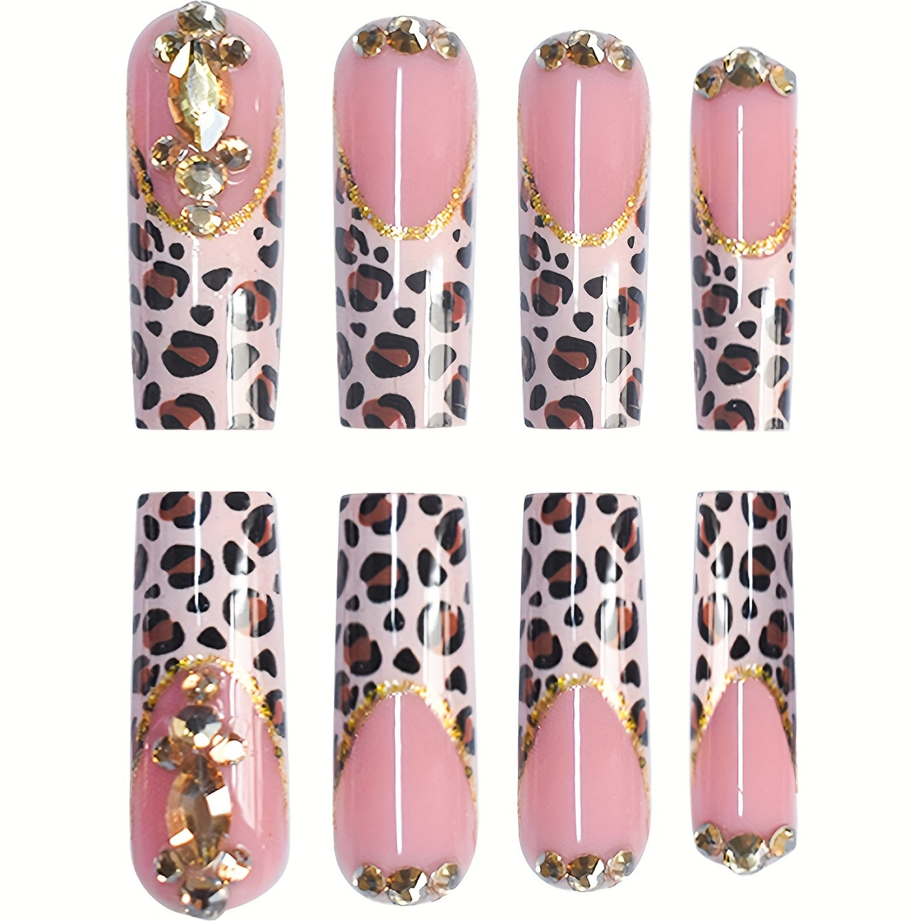 A Set of 24 Long Coffin-Shaped False Nails, Fashionable, Sweet And Cool Leopard Print, Luxurious Golden Diamond-Shaped Diamonds, Suitable for All Women And, Nail Polish And Jelly Glue Are Included in The Box, Easy to Stick An