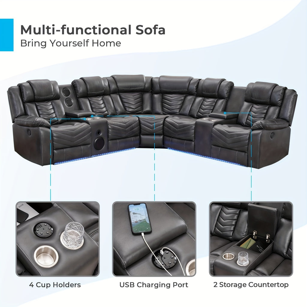 Power Recliner Sectional Sofa Couches With Bass Speakers For Living Room, Leather Reclining Corner Sectionals Sofa Couch Sets With LED Light