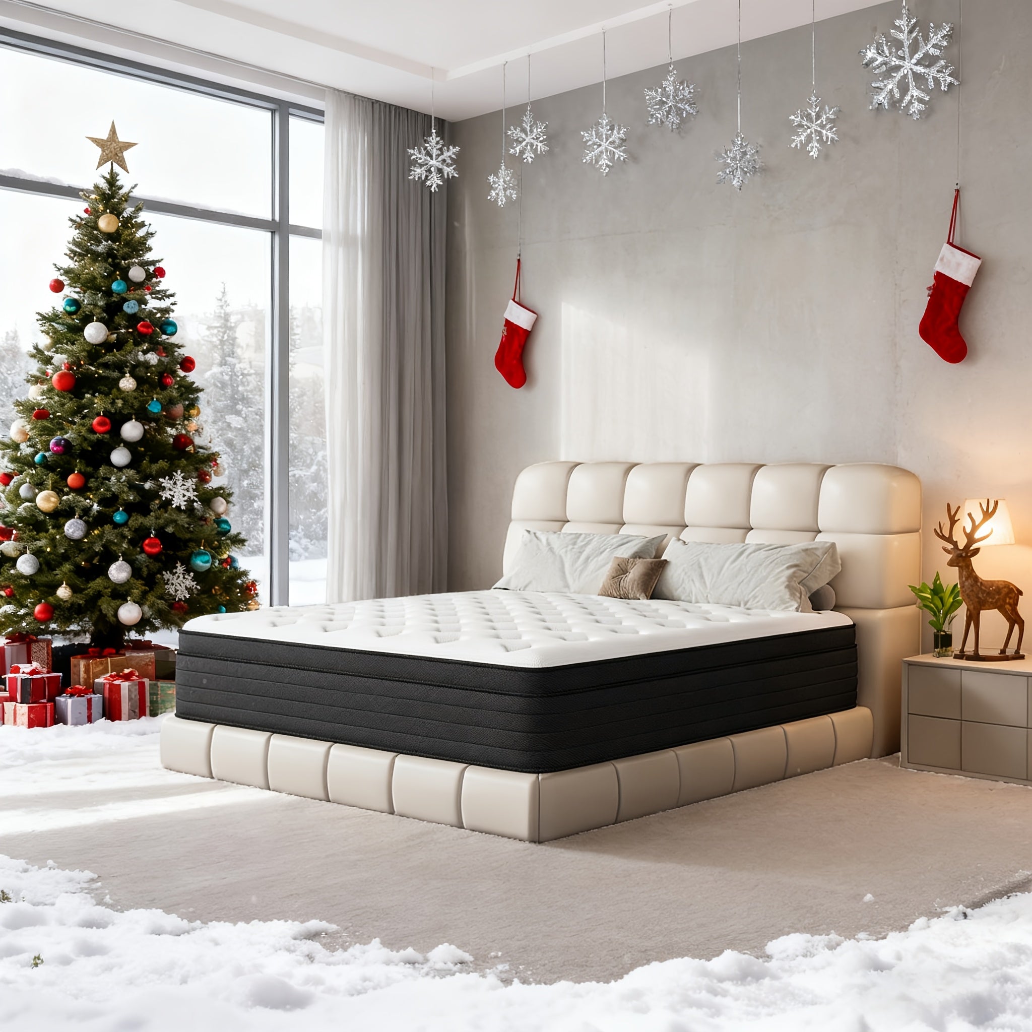 Memory Sponge Mattress, Soft, Comfortable And Healthy, 12 Inch, Black And White Splicing Style, with Built-in Springs, Christmas Gift