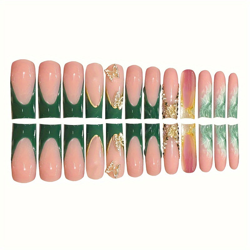 24-Piece Green Square Medium Length Press-On Nails with Golden Butterfly Glitter Design, Glossy Finish, Animal Pattern, Includes Nail File and Jelly Adhesive for Easy Application - Suitable for Women and Girls