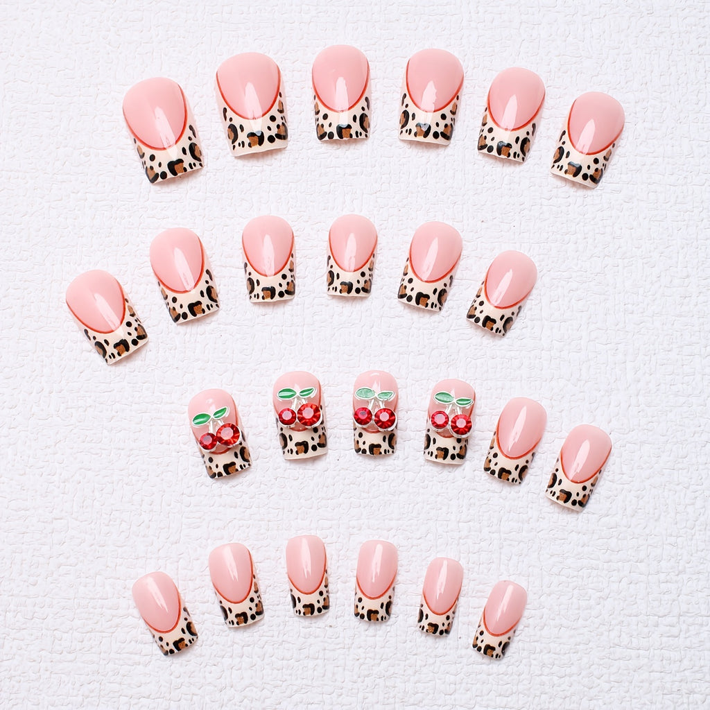 24pcs square style pressed nail pieces, French leopard print hand pasted cherry jewelry pattern design with shiny fake nails, suitable for daily wear, with jelly glue and filing strips included,  Medium Length False Nails, Ch