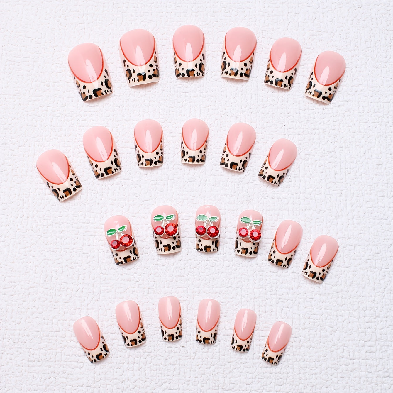 24pcs square style pressed nail pieces, French leopard print hand pasted cherry jewelry pattern design with shiny fake nails, suitable for daily wear, with jelly glue and filing strips included,  Medium Length False Nails, Ch