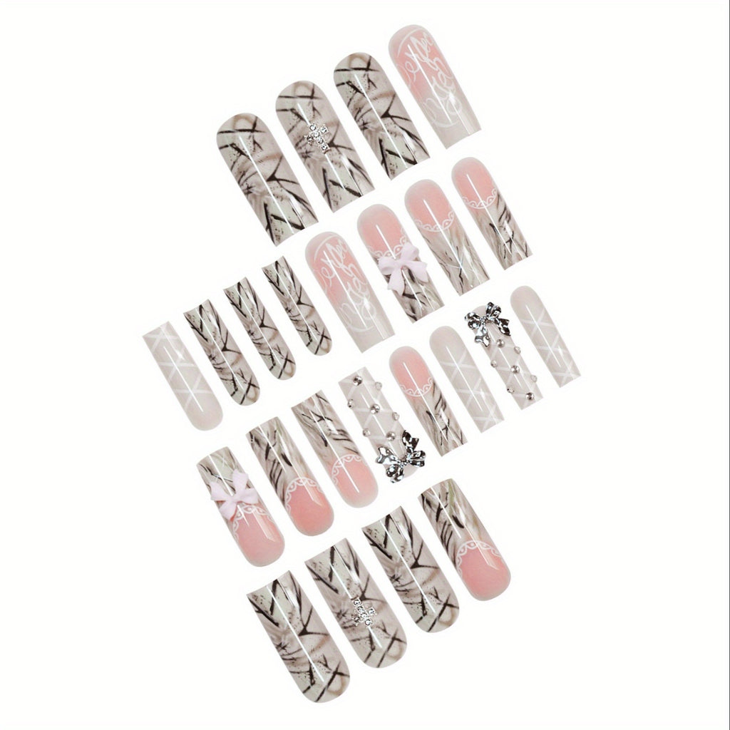 24pcs Long Teardrop Fake Nails Set with Sweet Cool Two-Tone Bow, Romantic Lace Edge Artistic Striped Sparkling Rhinestone Suitable for All Women and s - Includes Nail Files and Jelly Glue for Easy Application