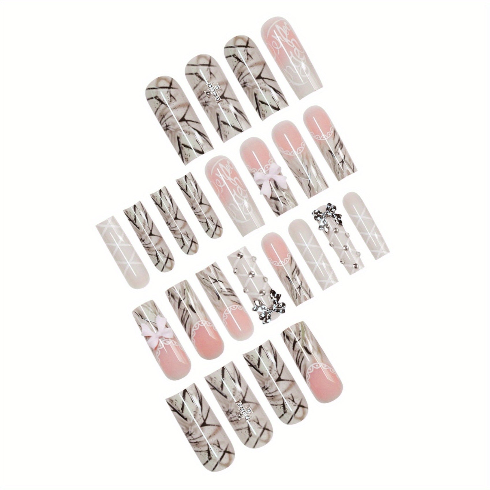 24pcs Long Teardrop Fake Nails Set with Sweet Cool Two-Tone Bow, Romantic Lace Edge Artistic Striped Sparkling Rhinestone Suitable for All Women and s - Includes Nail Files and Jelly Glue for Easy Application