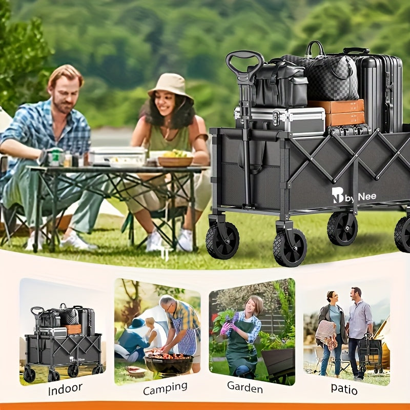330-650 Lbs Large Capacity Camping Shopping Cart, All-Terrain Folding Trolley, Multi-Function Camping, Gardening, Beach Shopping Cart, Black Gardening Storage Rack, Rugged Design, Durable Tire Construction, Heavy-Duty Utility