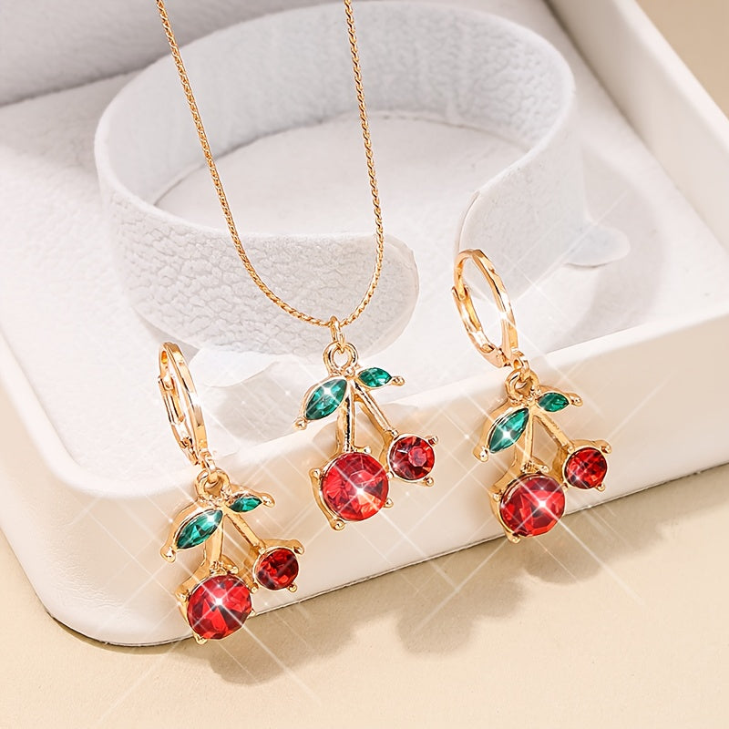 [Birthday Gift, Holiday Gift] 1 Set of New Sweet And Cute Style Red Cherry Pendant Necklace And Earrings Set, Suitable for Daily Wear And Vacation, Birthday Gift, Holiday Gift, The Best Gift for Girlfriend And