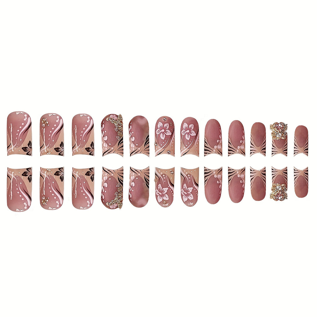 24pcs Short Square French-Style Fake Nails Set with Luxury 3D Sweet Heart Synthetic Gemstones, Elegant Golden Butterfly, and Charming Stamen Design. Suitable for All Women and. Includes Nail Buffer and Jelly Glue for Easy App