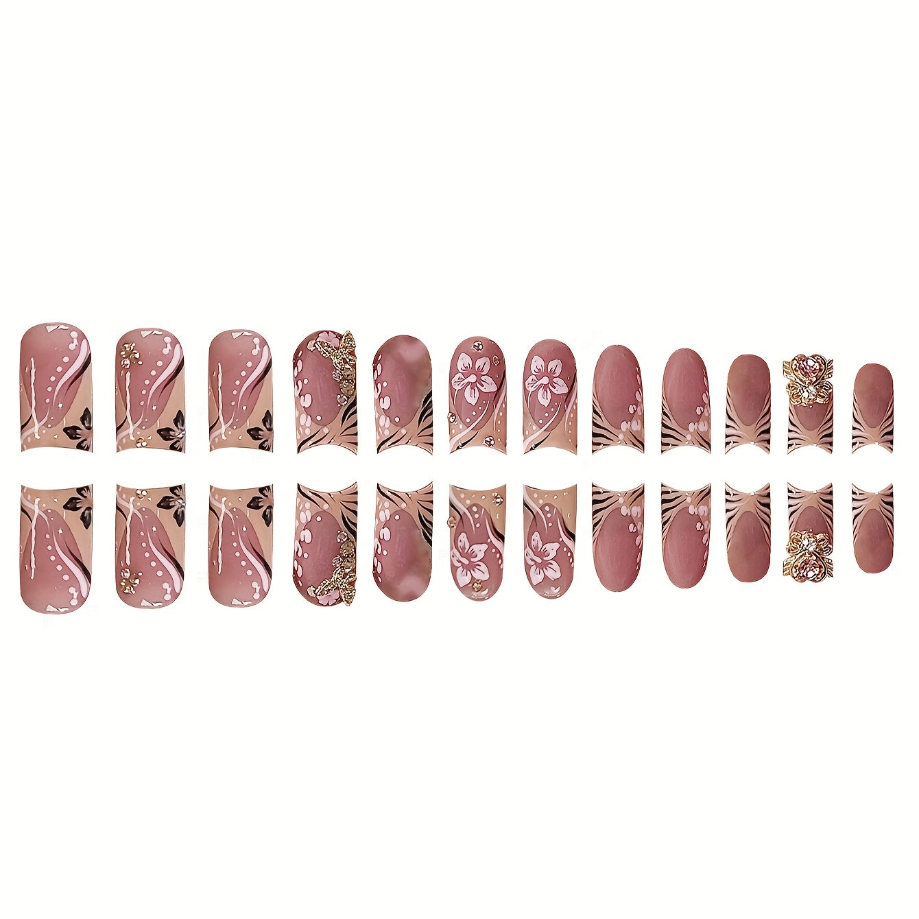 24pcs Short Square French-Style Fake Nails Set with Luxury 3D Sweet Heart Synthetic Gemstones, Elegant Golden Butterfly, and Charming Stamen Design. Suitable for All Women and. Includes Nail Buffer and Jelly Glue for Easy App