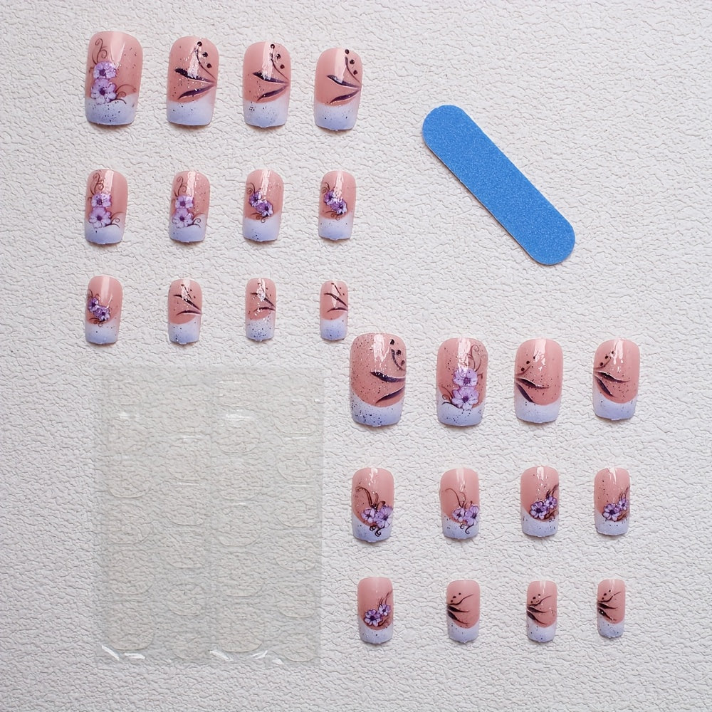 24pcs Square Press-On Nails - Purple Floral Design with Lavender to Pink Gradient, Medium Length Glossy Fake Nails for Women & s, Elegant Spring-Inspired Nail Art for Casual Attire or Special Occasions, Nails Accessories, Dec
