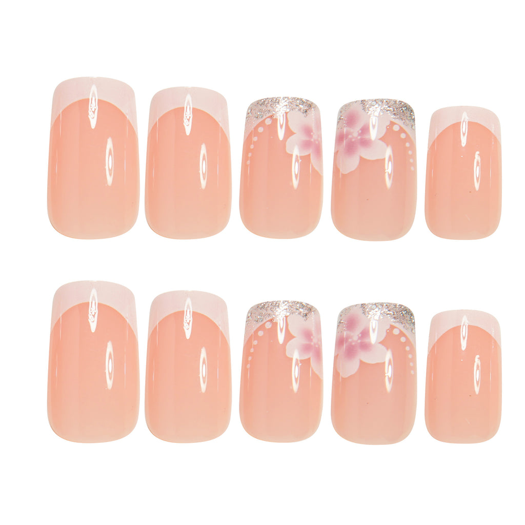 24pcs Glossy Chinese Square False Nails Classic Versatile Nude False Nails French High-end White French Press-on False Nails Spring White Pure Flowers Shiny Silvery Powder Full Coverage False Nails Nail DIY Suitable for Sprin