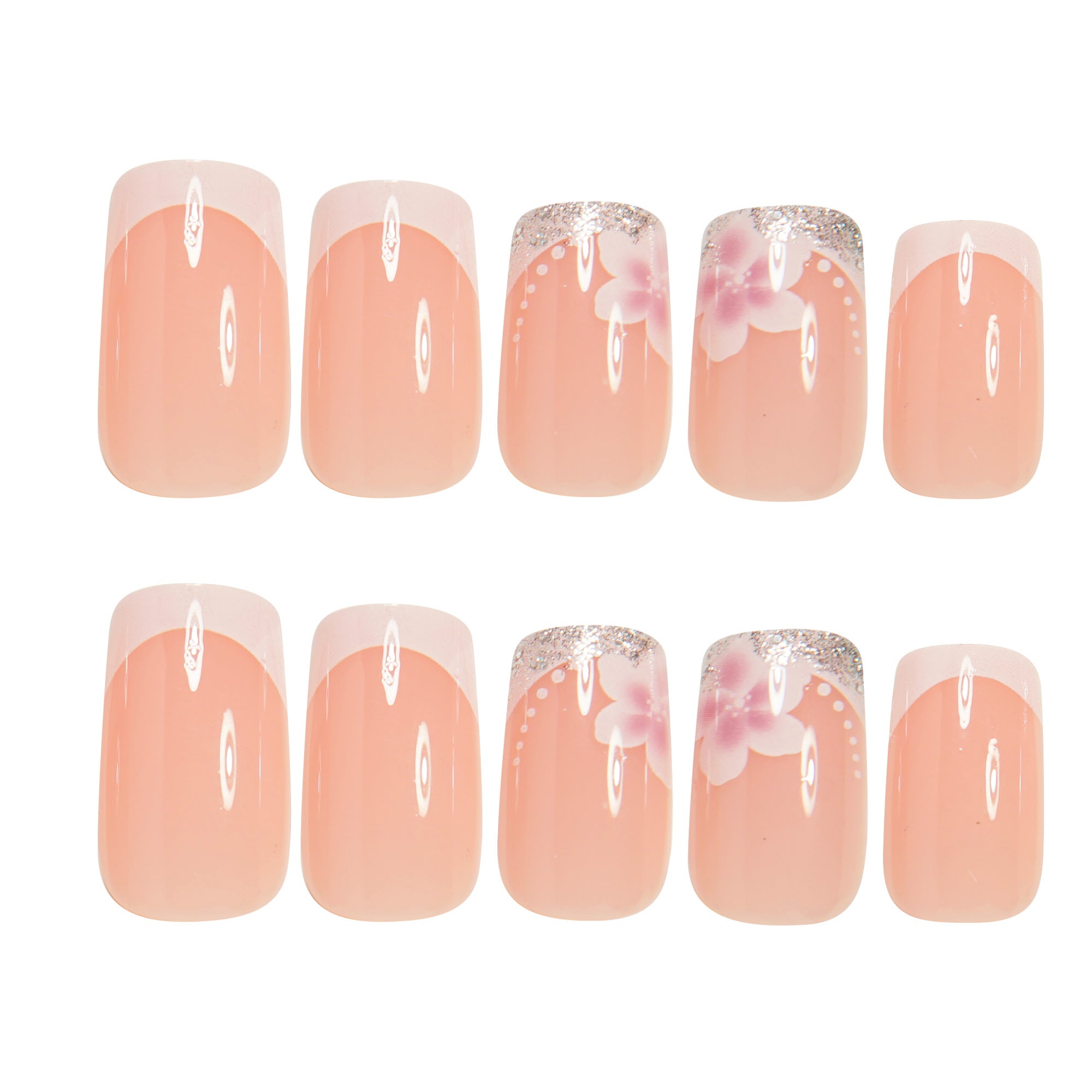 24pcs Glossy Chinese Square False Nails Classic Versatile Nude False Nails French High-end White French Press-on False Nails Spring White Pure Flowers Shiny Silvery Powder Full Coverage False Nails Nail DIY Suitable for Sprin