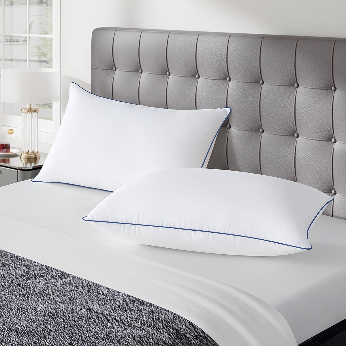 2pcs Premium Cooling Bed Pillows with Adjustable Zipper - Soft Down Alternative Fill for Back, Stomach & Side Sleepers - Hotel Collection - White with Navy Blue Trim, Machine Washable, All-Season Comfort, Side Sleeper Pillow