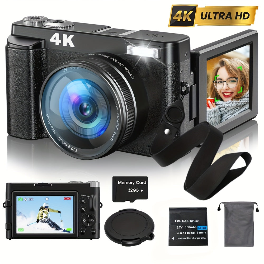 [48MP 4K Camera] Zostuic 48MP 4K Digital Camera | 16X Zoom, 3" 180° Flip Screen, Auto Focus & Anti-Shake, Compact Travel Camera | for YouTube, Live Streaming, Beginners, Includes 32GB SD Card & Accessories