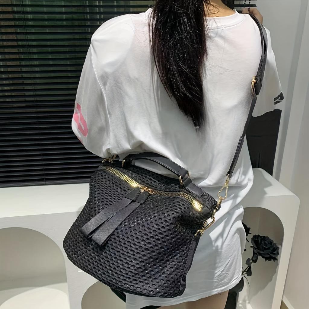 [Mesh Crossbody Bag] Lightweight Black Nylon Mesh Crossbody Bag - Chic Women's, Versatile with Wide Strap & Detachable Shoulder Strap, Zip Closure