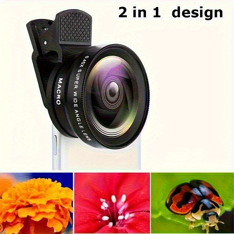2-in-1 Smartphone Camera Lens Kit - ABS Wide Angle & Macro, PVC Material, Compatible with Most Smartphones, Includes 2 Lens Attachments for Enhanced Photography Experience, Smartphone Camera Lens Kit|Wide Angle Lens| Macro Le