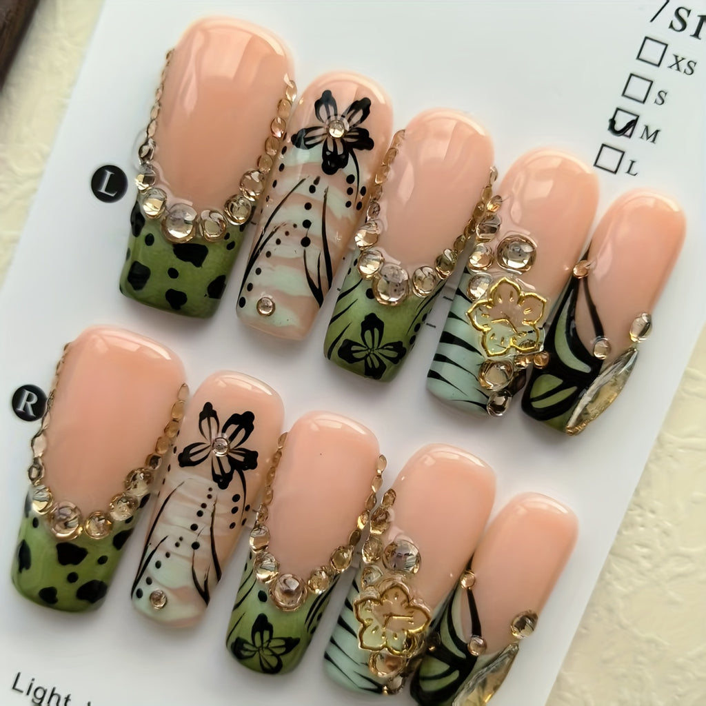 10pcs Handmade Press On Nails Green French Tip Fake Nails with Leopard Zebra Print Design, 3D Butterfly Rhinestone Stick On Nails, Glossy Long Coffin False Nails for Women Girls