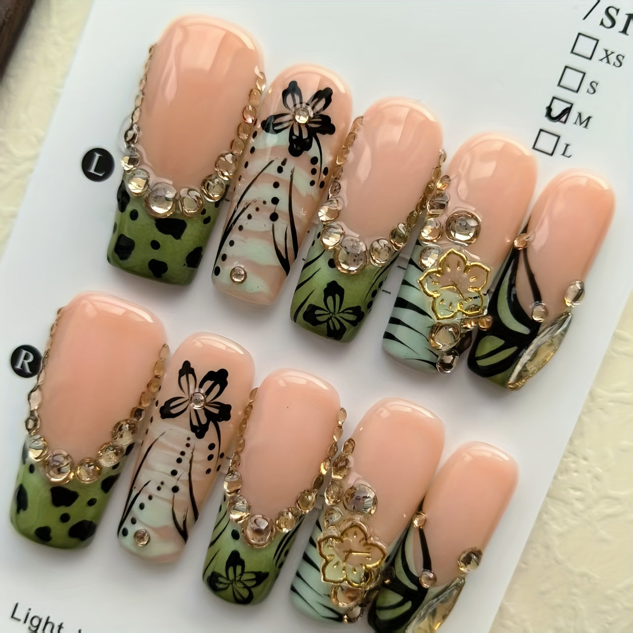 10pcs Handmade Press On Nails Green French Tip Fake Nails with Leopard Zebra Print Design, 3D Butterfly Rhinestone Stick On Nails, Glossy Long Coffin False Nails for Women Girls