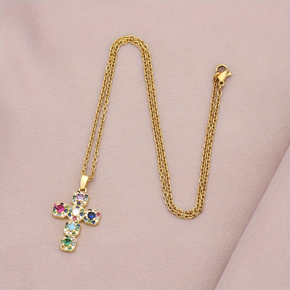 Colorful Inlaid Cubic Zirconia Cross Necklace