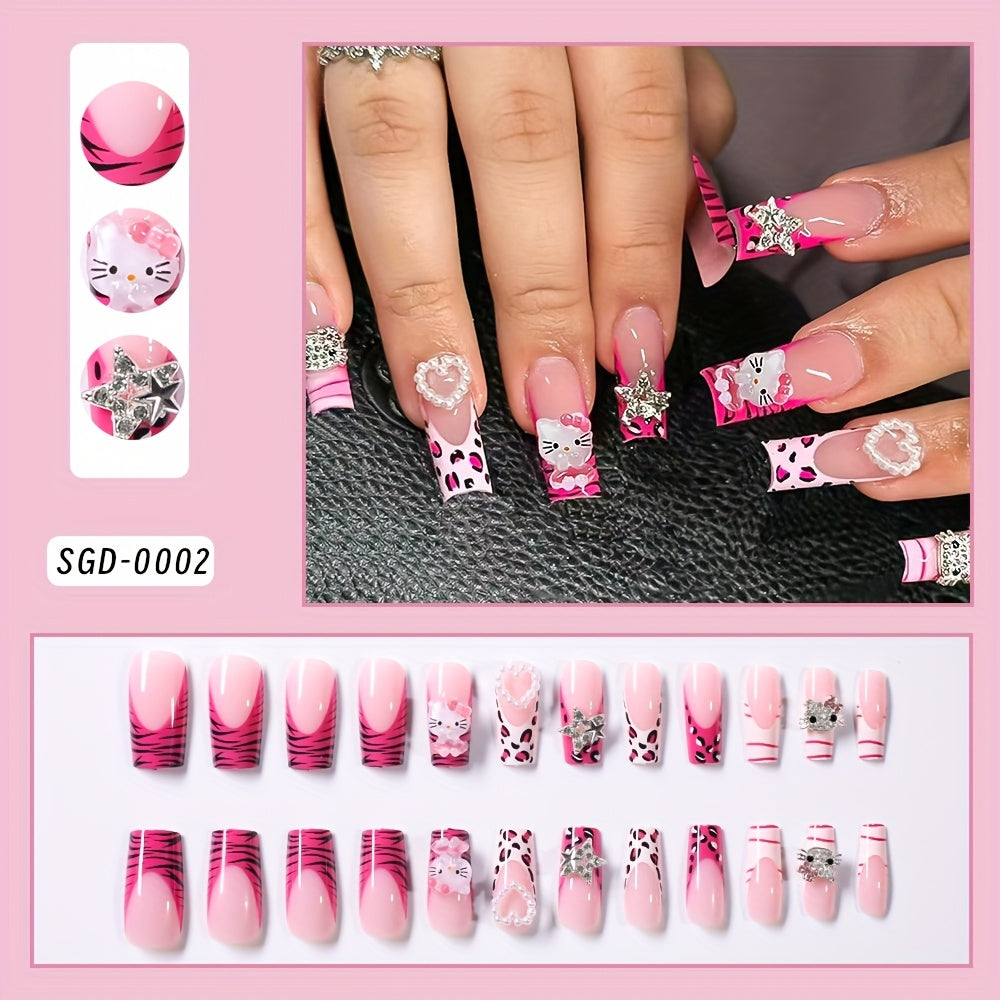 24pcs Sanrio for hello kitty Press-On Nails - Y2K Cute Kitty Cat Design with Red Leopard Print, Medium Coffin Shape, French Tip & Stars, Glossy Finish, Long Length, Pink & White Glitter Accents for Daily Wear & Parties - Perf