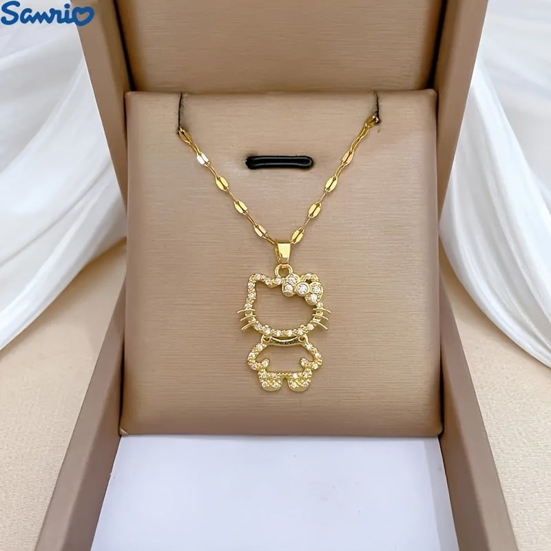 [Dainty Kawaii Cat Lover Gift] 1pc Sanrio Kate Cat Necklace | Stainless Steel Cute Hollow Collar Bone Chain with Black Bead Accent - Minimalist Everyday Jewelry for Women, Dainty Kawaii Cat Lover Gift, Year-Round Wear, Comfor