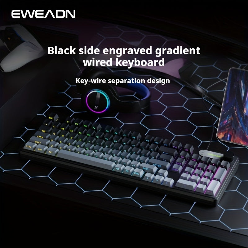 EWEADN Wired Silent Gaming Keyboard with RGB Backlit, Side-Printed Gradient Keycaps, Ergonomic Design & Multimedia Knob Control - USB-Powered for PC, Laptop, Desktop, Windows, Mac, Workstation Use, Gaming Accessories, Profess
