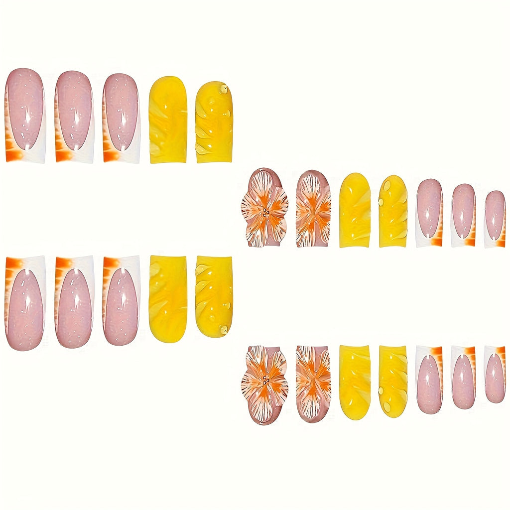 A Set of 24 Short Square False Nails with Warm Summer Orange And Yellow Flowers, Cool Dew Drops, Moist Ripples, Light Luxury Golden Beads Suitable for All Women And Girls. The Box Comes with a Nail Polish And Jelly Glue, Whic
