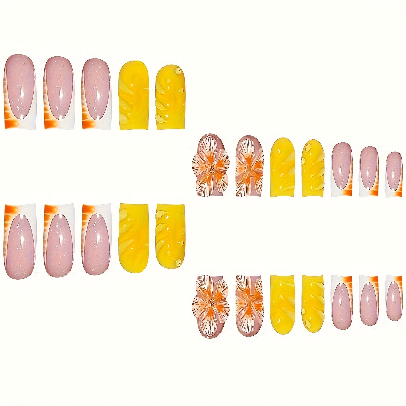 A Set of 24 Short Square False Nails with Warm Summer Orange And Yellow Flowers, Cool Dew Drops, Moist Ripples, Light Luxury Golden Beads Suitable for All Women And Girls. The Box Comes with a Nail Polish And Jelly Glue, Whic