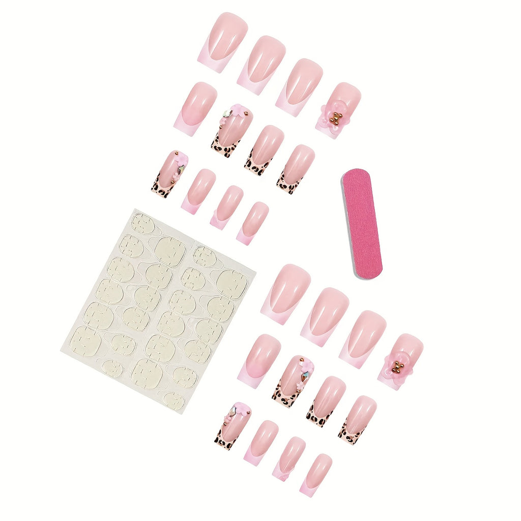 24pcs Leopard Print 3D Water Drop Flower Press-On Nails - Pink & White Gradient, Square Shape, Glossy Finish, Perfect for Daily Wear & Parties, Stylish Fake Nails for Women, Party Nails | Leopard Print Nails | Glossy Finish N
