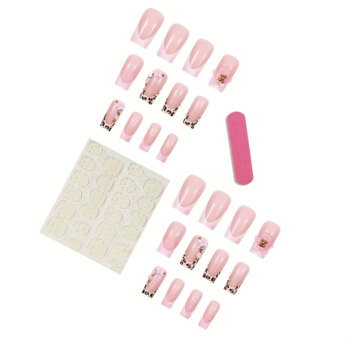 24pcs Leopard Print 3D Water Drop Flower Press-On Nails - Pink & White Gradient, Square Shape, Glossy Finish, Perfect for Daily Wear & Parties, Stylish Fake Nails for Women, Party Nails | Leopard Print Nails | Glossy Finish N