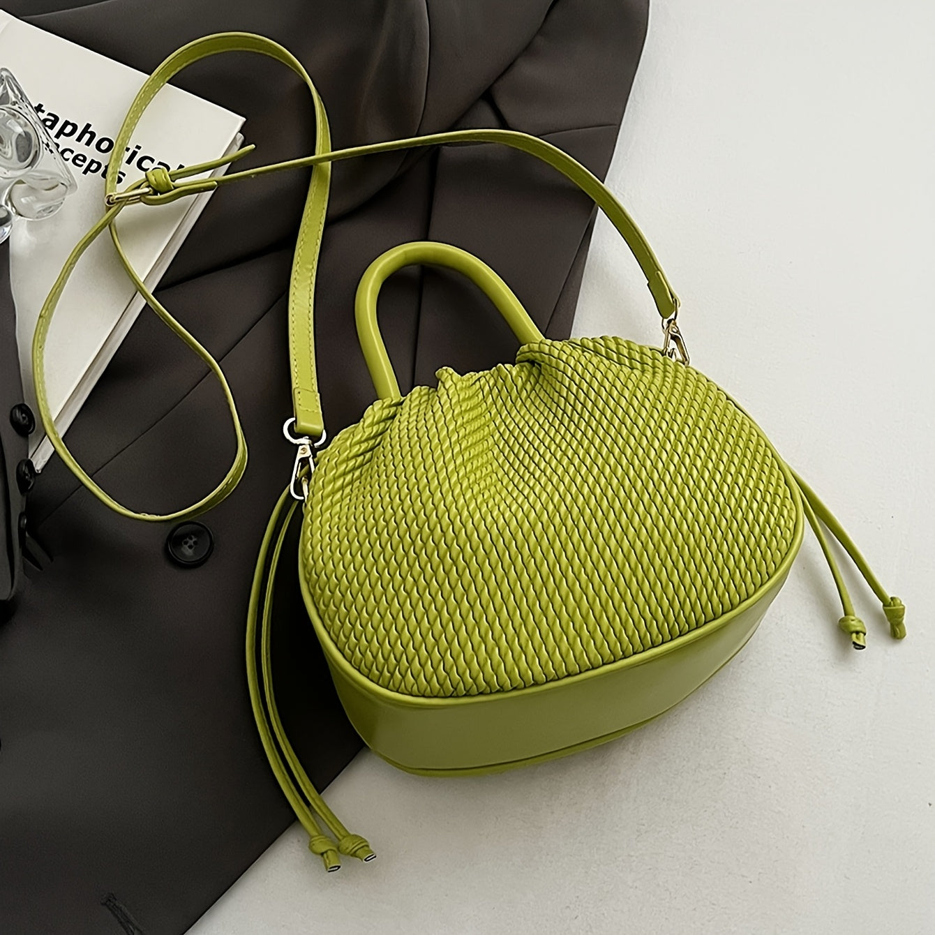 Elegant Lime Green Women's Handbag - Chic Woven Texture, PU Material with Drawstring Closure, Stylish Small Tote for Everyday Use, Cute Purse