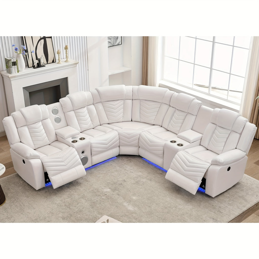 Power Recliner Sectional Sofa Couches With Bass Speakers For Living Room, Leather Reclining Corner Sectionals Sofa Couch Sets With LED Light