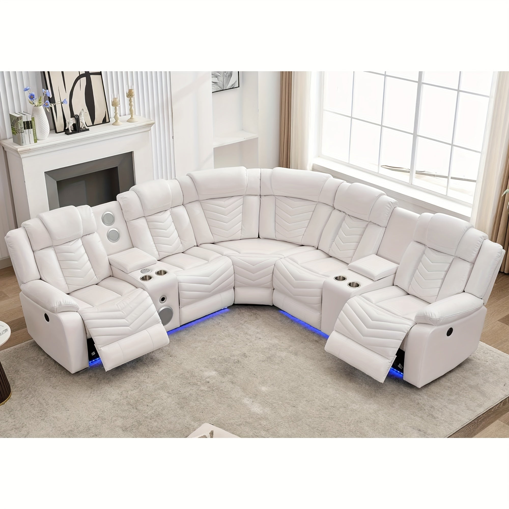 Power Recliner Sectional Sofa Couches With Bass Speakers For Living Room, Leather Reclining Corner Sectionals Sofa Couch Sets With LED Light
