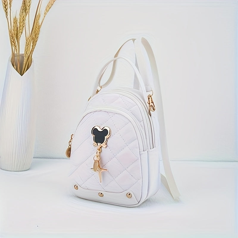 s Rhombus Backpack, Golden-Tone Hardware - Black/Pink/White, Mouse Pad Keychain Lock Compatible, Durable Adjustable Strap & Zipper Closure, Golden-Tone Plaque for Keys, Casual Handbag for Travel, Everyday Use (Poly, for Teena