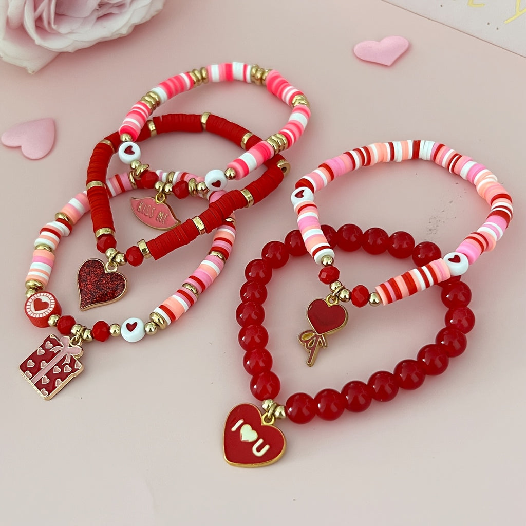 5pcs Valentine's Day Soft Clay Bead & Heart Charm Bracelets Compatible for Couples - Elastic Stretch Beads, Love Token Gift, Everyday (No Metal, Year-Round Wear)