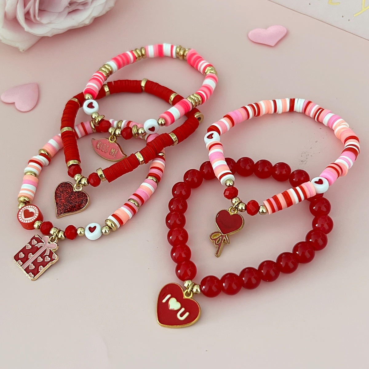 5pcs Valentine's Day Soft Clay Bead & Heart Charm Bracelets Compatible for Couples - Elastic Stretch Beads, Love Token Gift, Everyday (No Metal, Year-Round Wear)