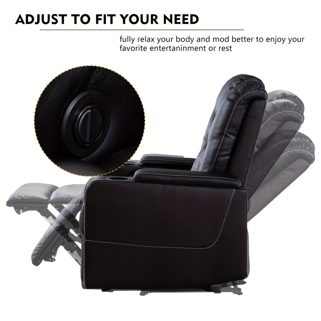 Power Recliner Chair, Heavy-Duty Frame & Soft Faux Leather Upholstery, Hidden Storage & Easy Operation, Compatible with Plug, Black, Modern Lazy Boy Sofa for Home Theater Seating, Easy Assembly