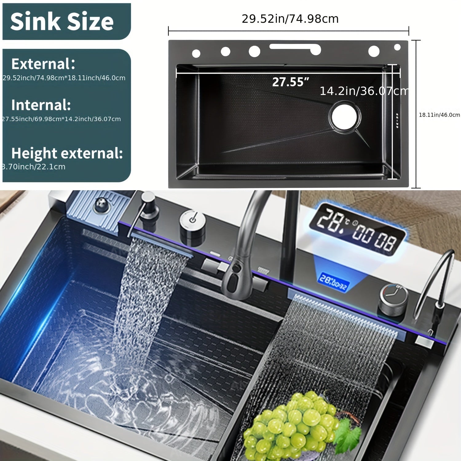 Digital Display Waterfall Sink, Single Bowl Kitchen Sinks, Stainless Steel Bar Sink With Pull Down Sprayhead Faucet, Smart Modern Kitchen Sink, Full Set Of Accessories, Gun Gray & Brushed Golden, 1 Set