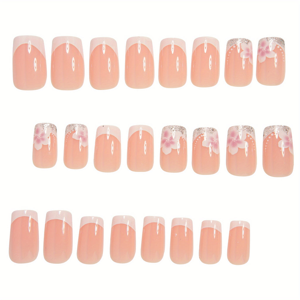 24pcs Glossy Chinese Square False Nails Classic Versatile Nude False Nails French High-end White French Press-on False Nails Spring White Pure Flowers Shiny Silvery Powder Full Coverage False Nails Nail DIY Suitable for Sprin