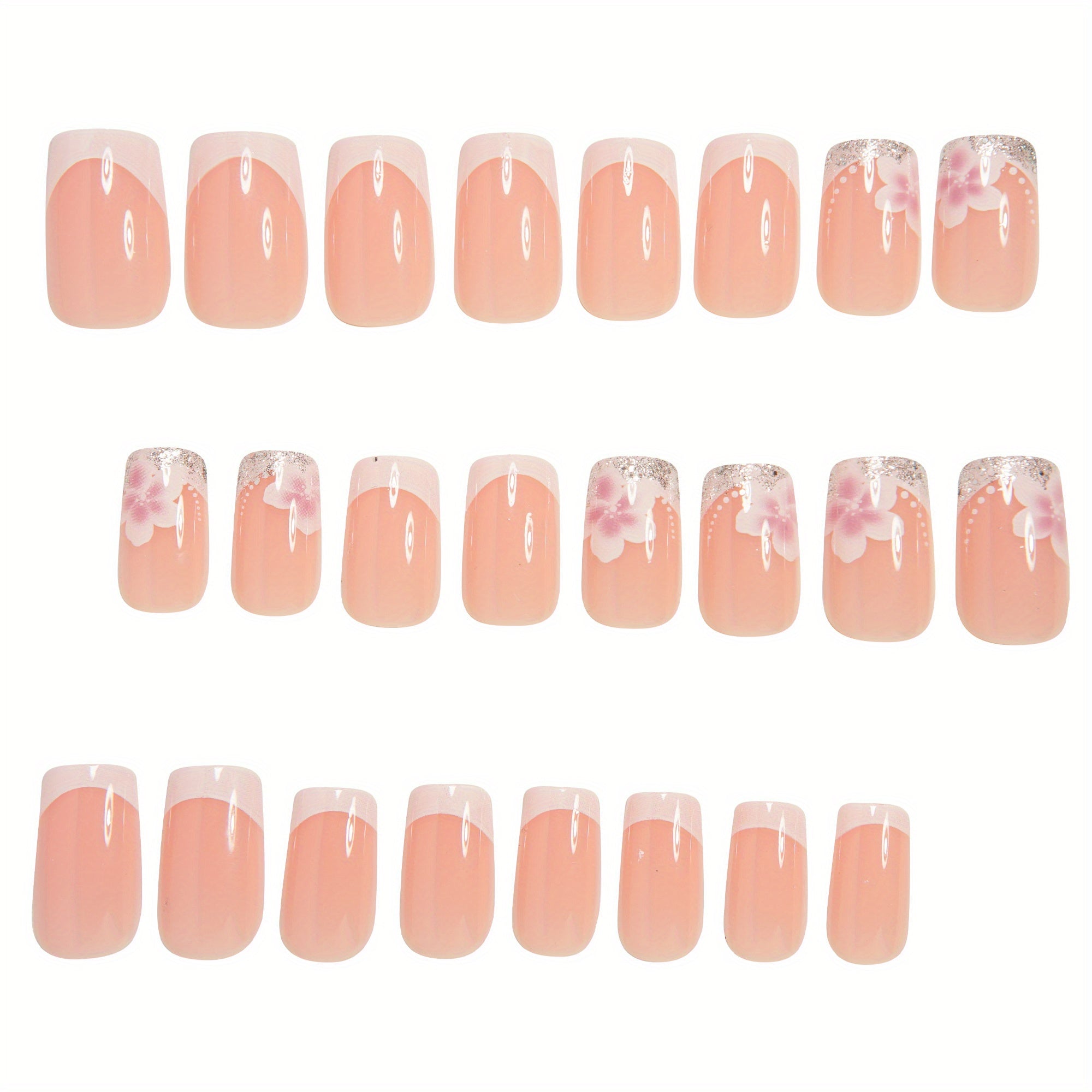 24pcs Glossy Chinese Square False Nails Classic Versatile Nude False Nails French High-end White French Press-on False Nails Spring White Pure Flowers Shiny Silvery Powder Full Coverage False Nails Nail DIY Suitable for Sprin