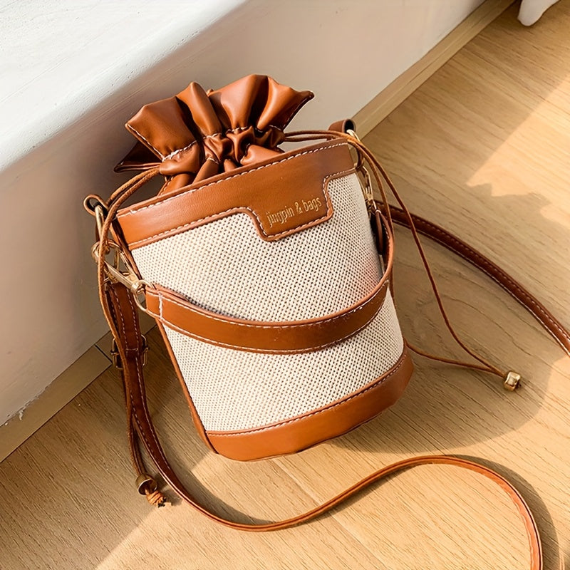 [Vintage Bucket Bag] Lightweight Vintage Style Shoulder Bucket Bag for Women | Messenger Bag with Adjustable Strap, Drawstring Closure, Polyester Lined, No Pattern - Crossbody Bag