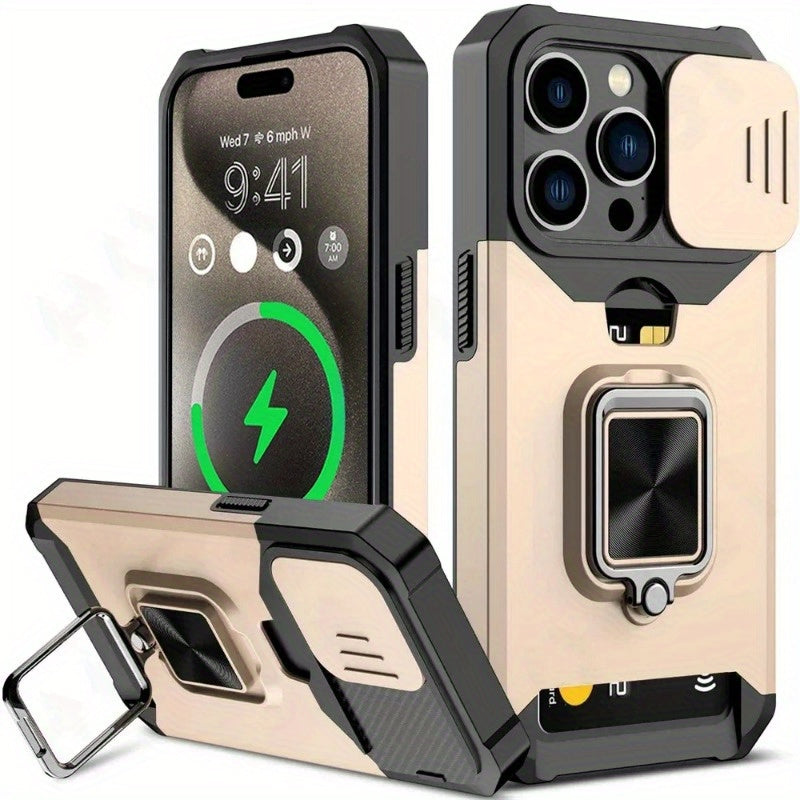 A Protective Case Suitable for Iphone 16, 15, 14, 13, 12, And 11 Pro Max And Plus Models, Featuring a Sliding Camera Slot And a Ring Stand.