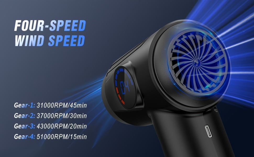 Cordless Electric Air Duster with 51000 RPM High-Power Blower, 4-Speed Adjustable & LCD Display, 3000mAh Fast Charging, 15-45 Min Runtime, USB-Powered Portable Cordless Vacuum Cleaner for Computers, Keyboards, TVs, Gaming Con