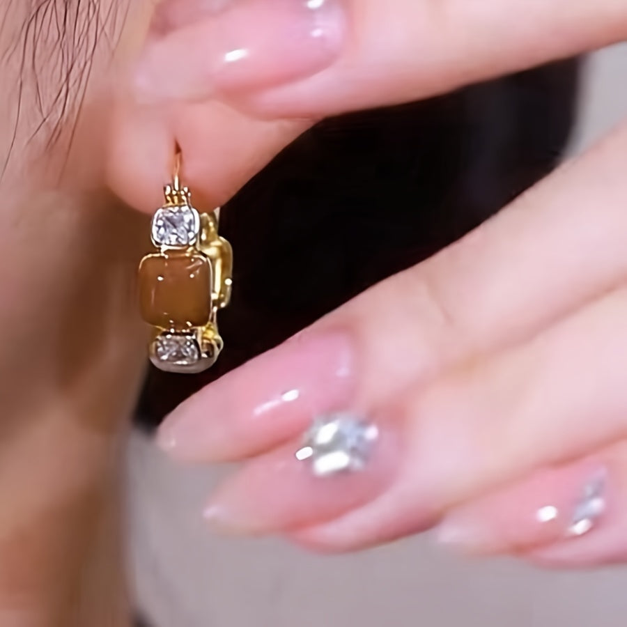 Elegant 14K Golden Plated Zinc Alloy Hoop Earrings with Artificial Crystal Mosaic, Geometric Enamel Design for Women, Versatile for Daily Wear & Gift-Giving, All-Season Accessory